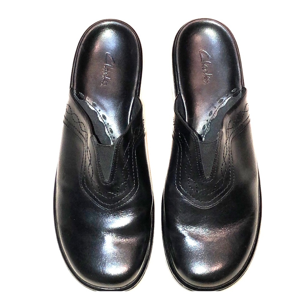 Clarks Women's Black Leather Wedge Mules - Picture 4 of 8